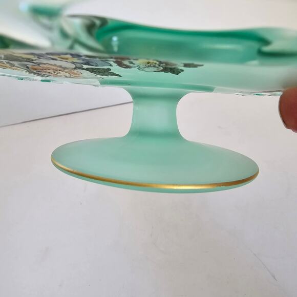 Lancaster Glass Footed Plate Green Satin Glass Open Lace Reverse Painted Floral - Picture 5 of 12